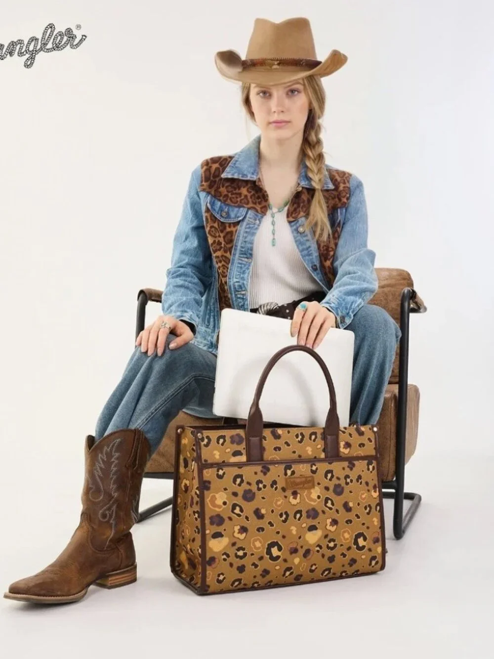 Wrangler Leopard Print Canvas Oversized Tote with Adjustable Strap Coffee